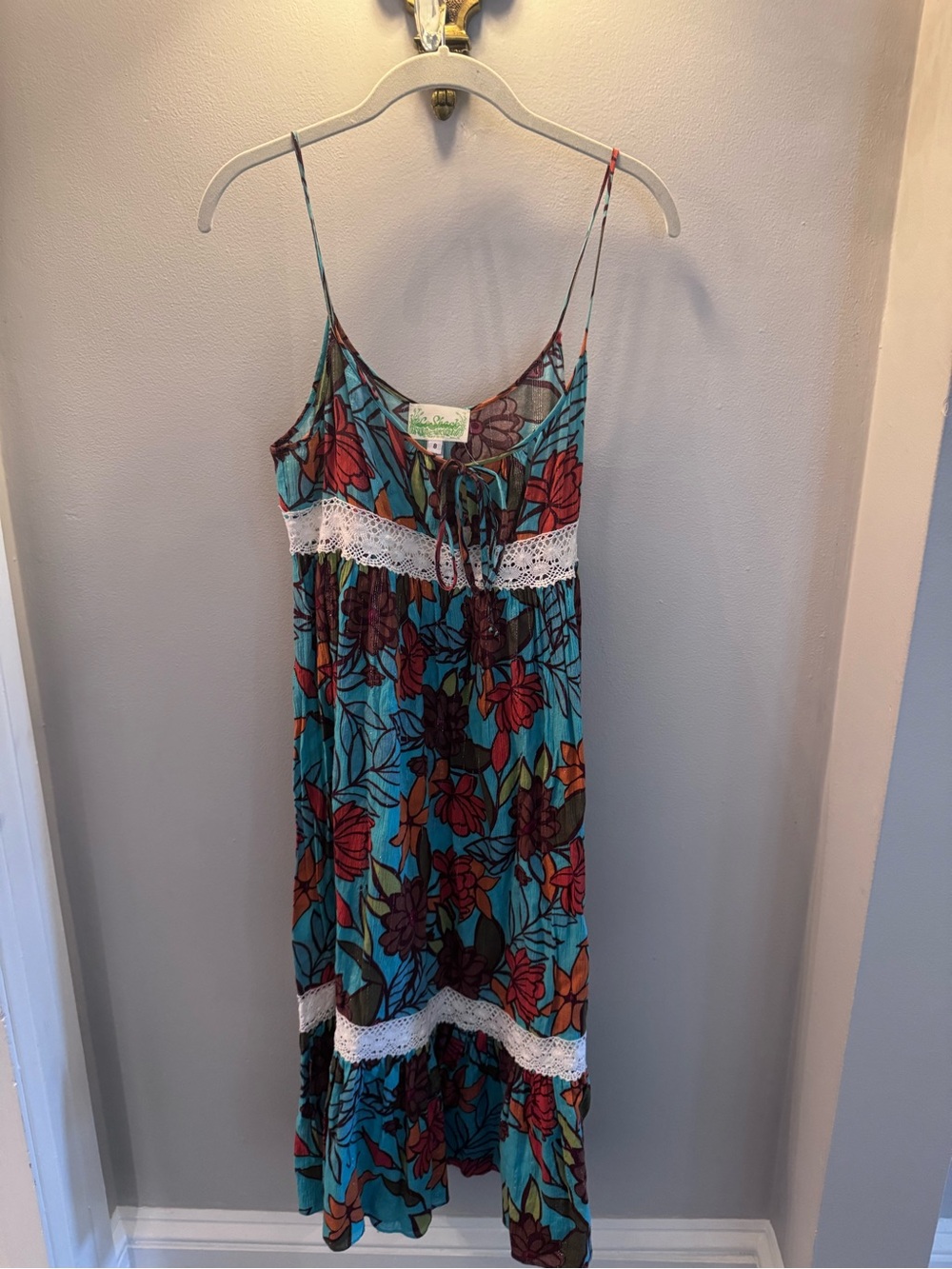 Le Shack Floral Midi Dress with Lace Trim - Teal Multi